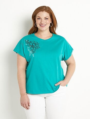 T-shirt coton uni sequins manches courtes