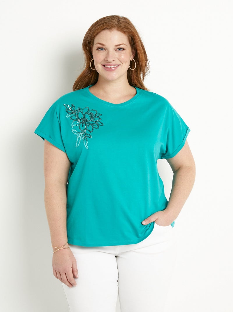 T-shirt coton uni sequins manches courtes Bleu turquoise - Kiabi