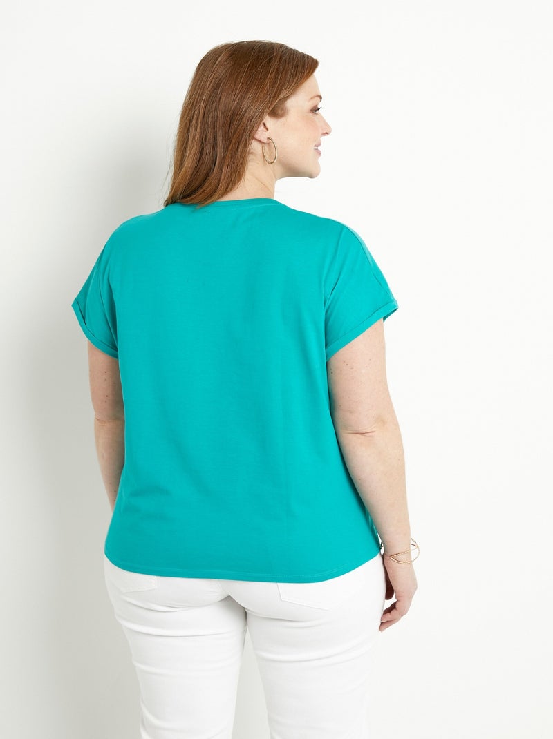 T-shirt coton uni sequins manches courtes Bleu turquoise - Kiabi