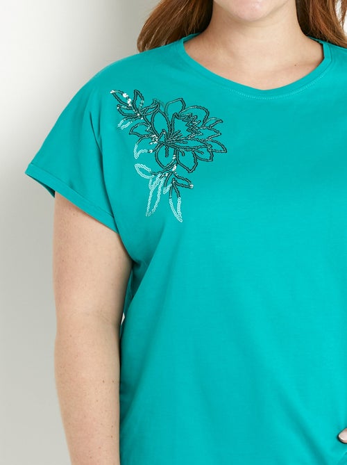 T-shirt coton uni sequins manches courtes - Kiabi