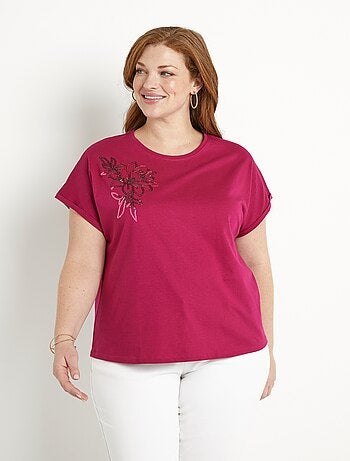 T-shirt coton uni sequins manches courtes