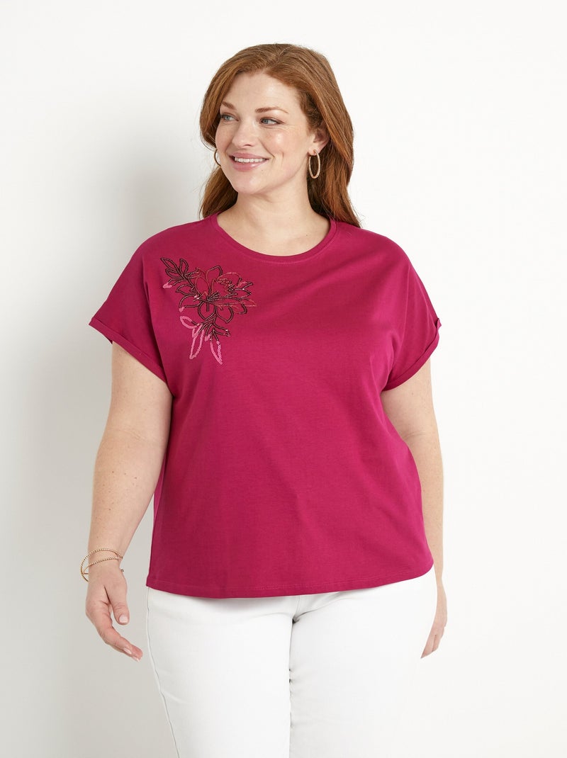 T-shirt coton uni sequins manches courtes Violet foncé - Kiabi