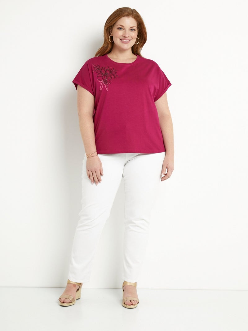 T-shirt coton uni sequins manches courtes Violet foncé - Kiabi