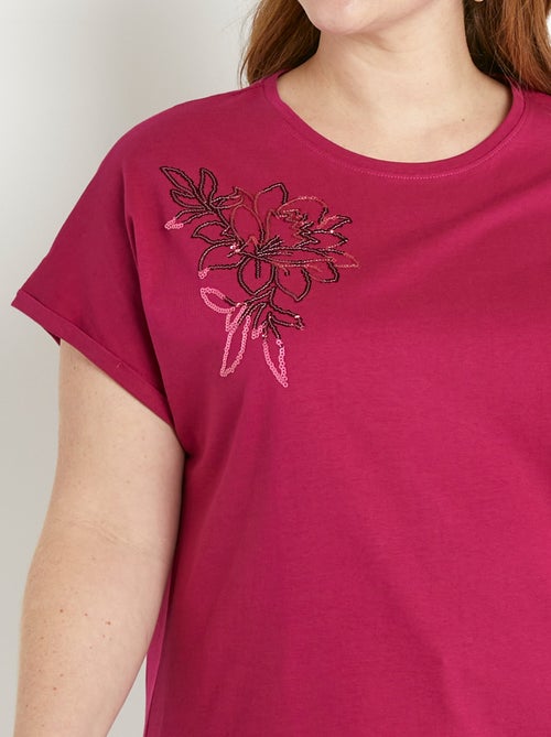T-shirt coton uni sequins manches courtes - Kiabi
