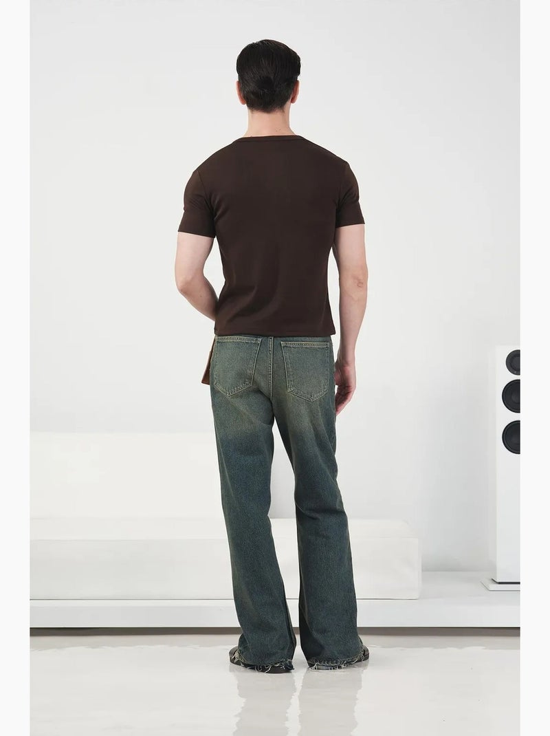 T-shirt coupe ajustée, col rond, en coton, avec détails de boutons giesto Marron - Kiabi