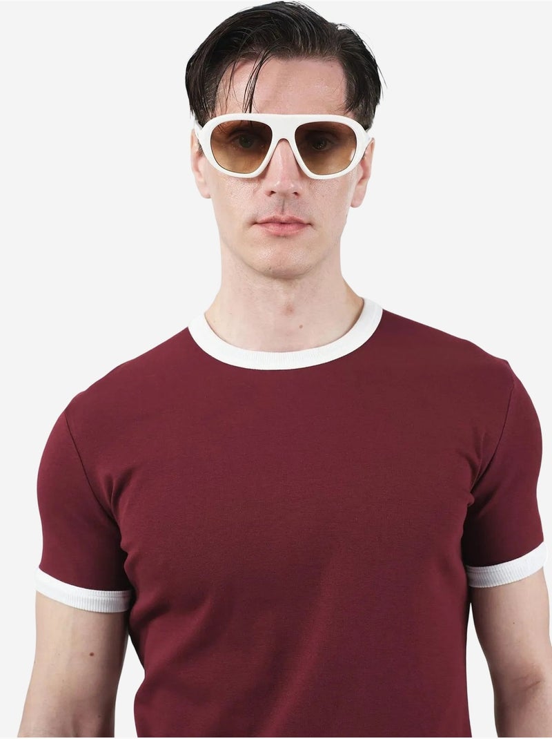 T-shirt coupe ajustée, col rond et bordure contrastée giesto Rouge bordeaux - Kiabi