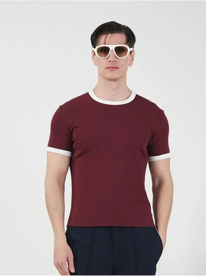 T-shirt coupe ajustée, col rond et bordure contrastée giesto Rouge bordeaux - Kiabi