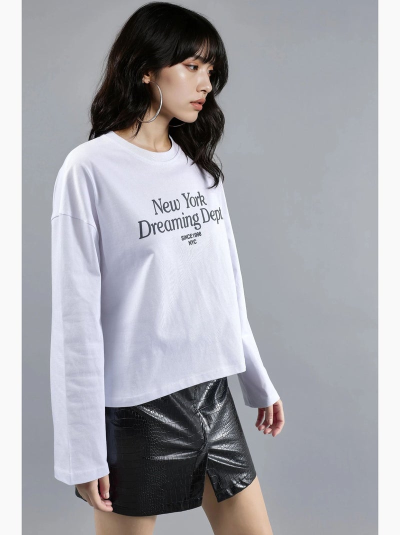 T-shirt coupe ample col rond imprimé dos manches longues busem Blanc - Kiabi