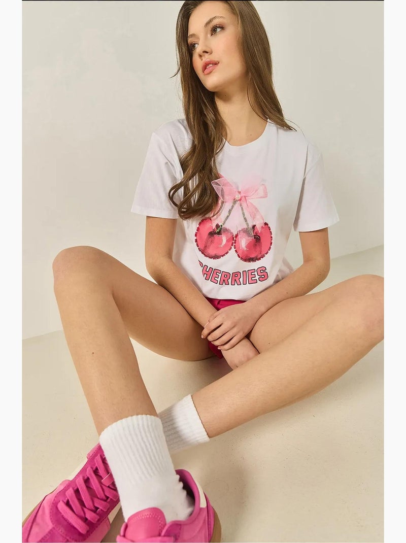 T-shirt coupe classique bianco à imprimé cerises et ruban orné de pierres lucci Blanc - Kiabi