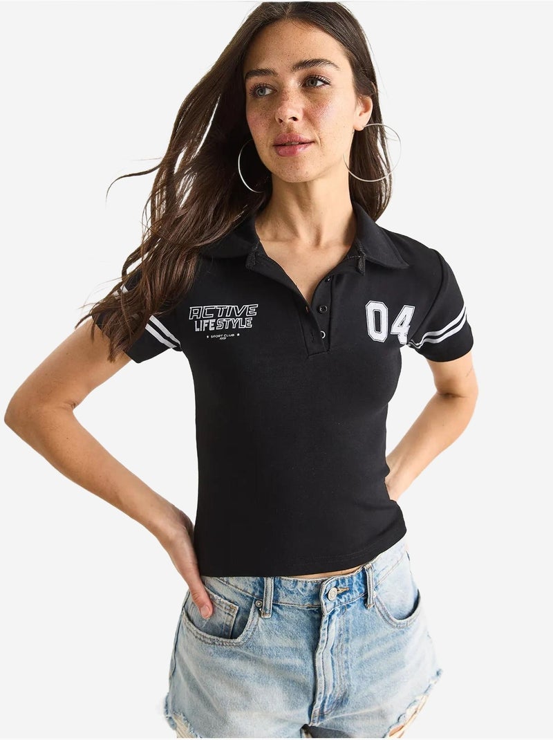T-shirt court à manches courtes et col polo imprimé bianco lucci Noir - Kiabi