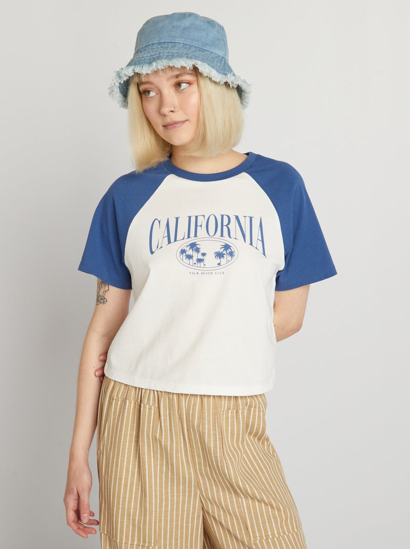 T-shirt court à manches raglan Blanc/bleu - Kiabi
