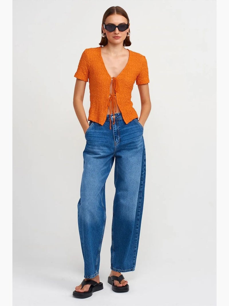 T-shirt court ajusté dentelle manches courtes lien devant dilvin Orange - Kiabi