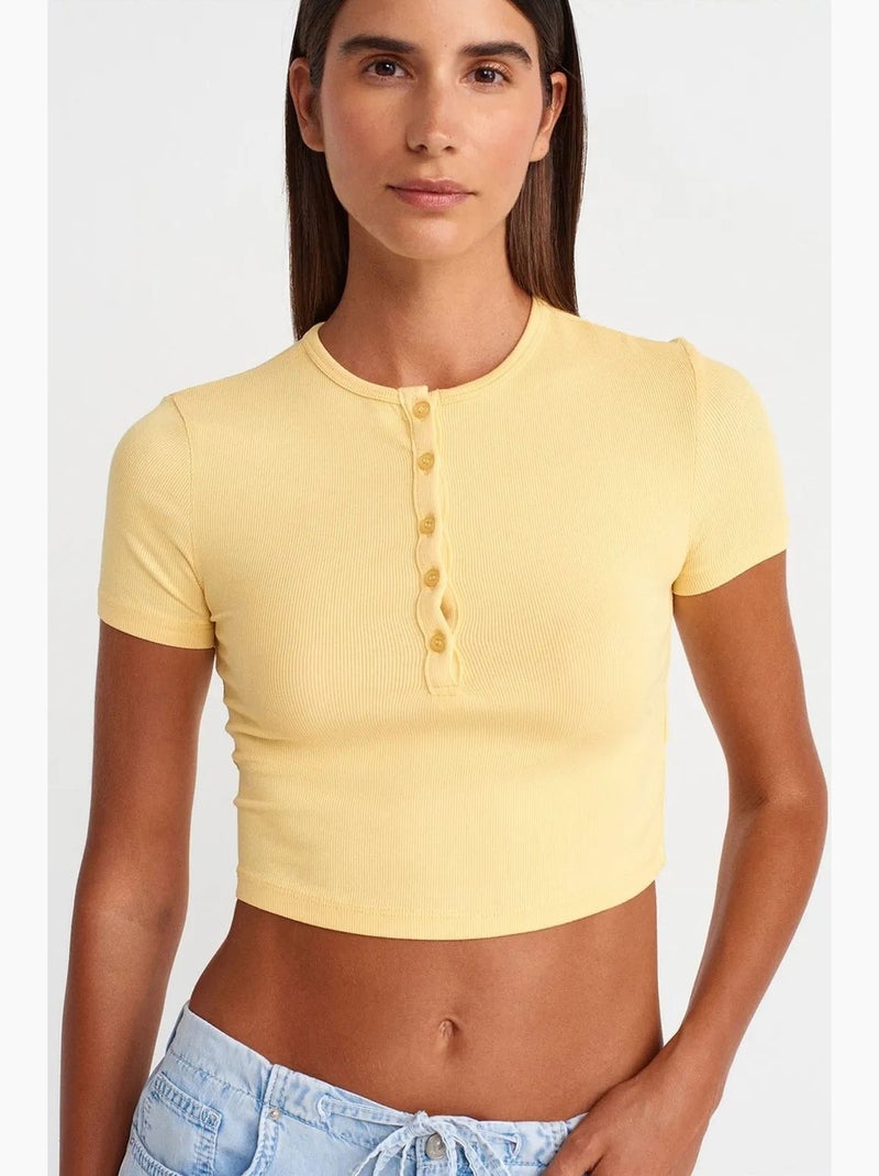 T-shirt court ajusté manches courtes boutons dilvin Jaune citron - Kiabi