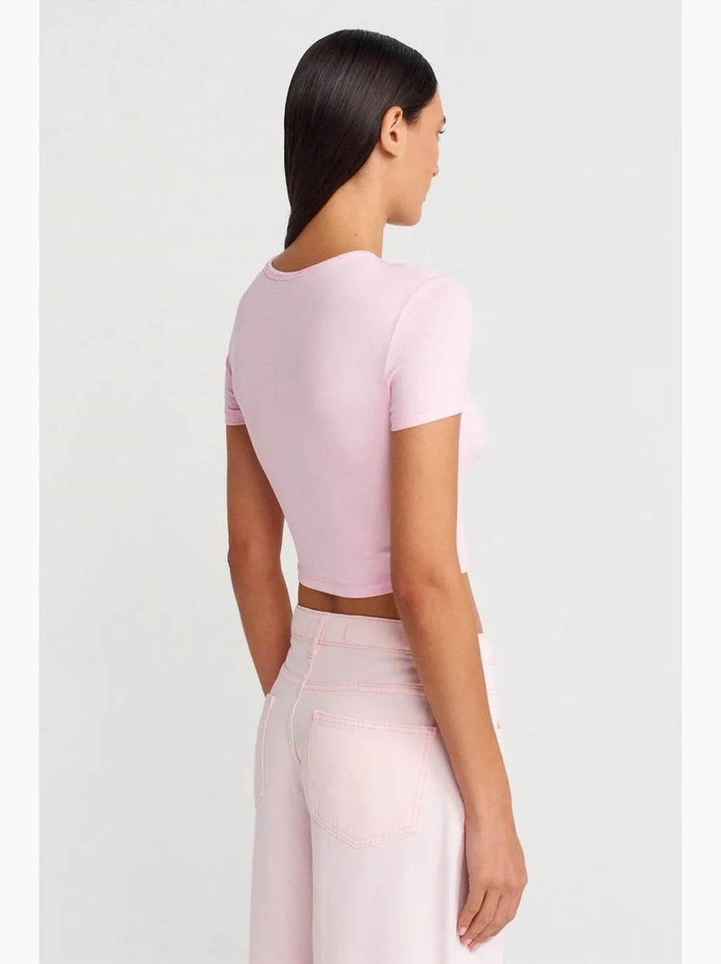 T-shirt court ajusté manches courtes boutons dilvin Rose dragée - Kiabi