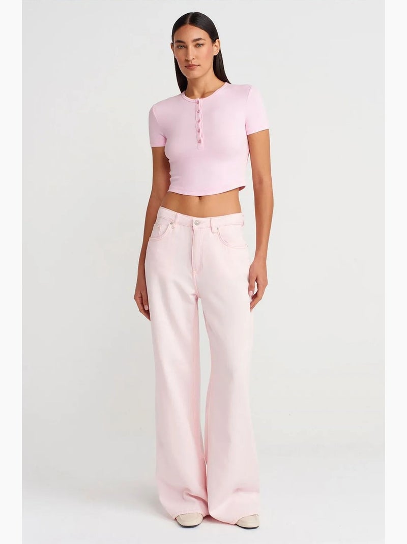 T-shirt court ajusté manches courtes boutons dilvin Rose dragée - Kiabi