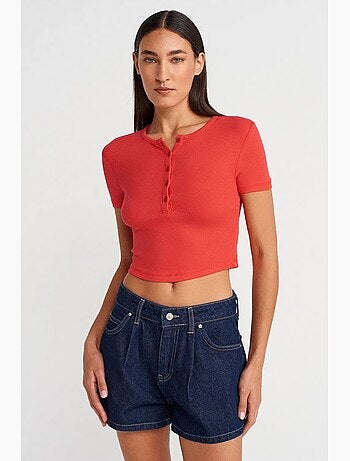T-shirt court ajusté manches courtes boutons dilvin