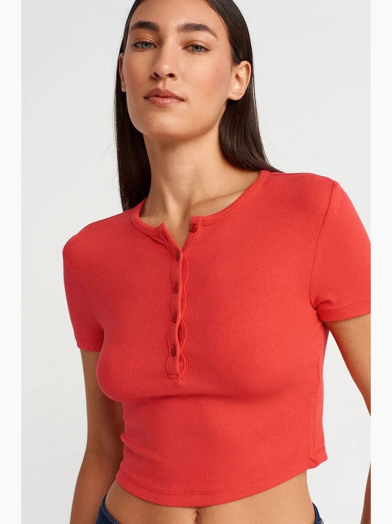 T-shirt court ajusté manches courtes boutons dilvin Rouge - Kiabi