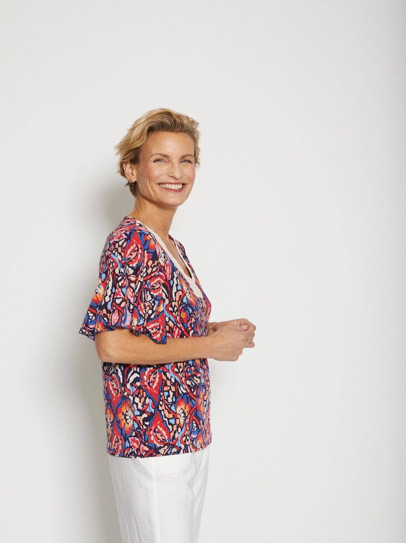 T-shirt court ample finition macramé Bleu Rouge - Kiabi