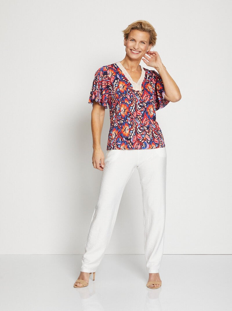 T-shirt court ample finition macramé Bleu Rouge - Kiabi