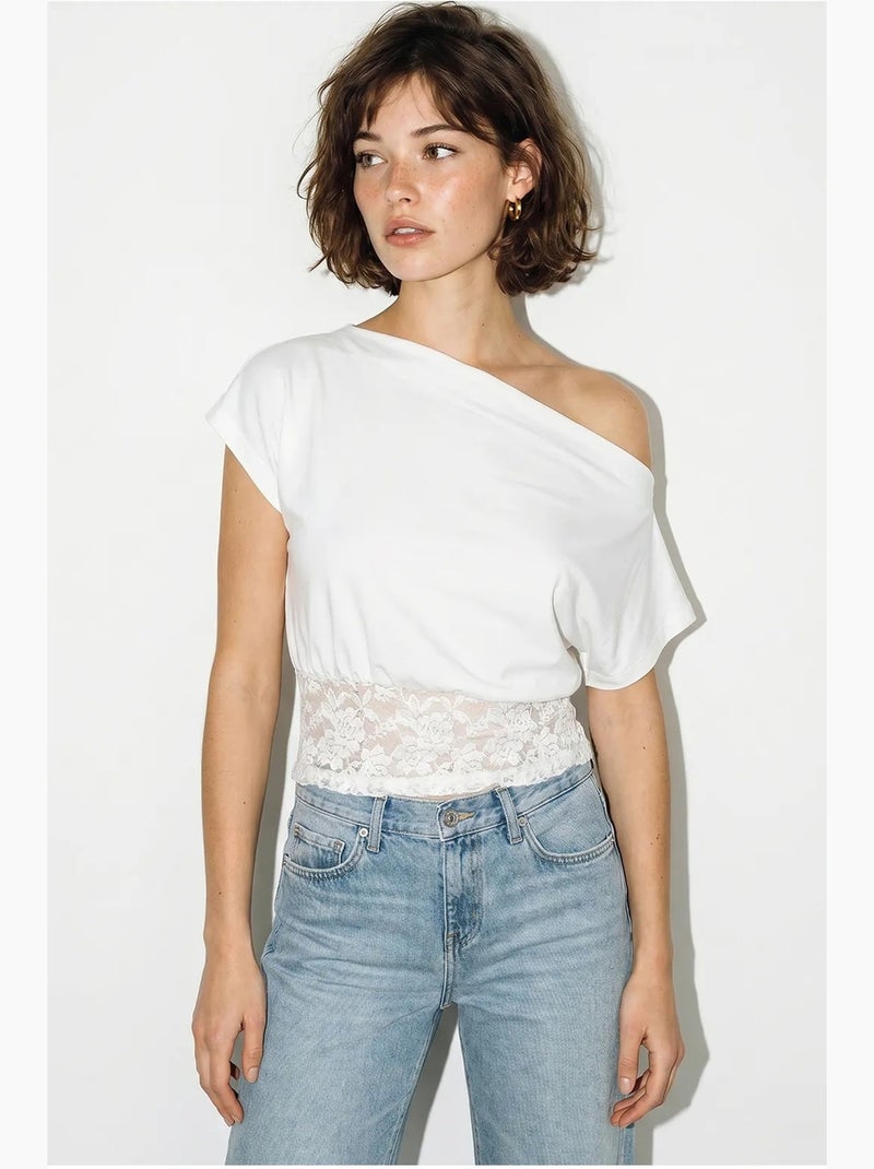 T-shirt court asymétrique dentelle manches courtes lucci Blanc - Kiabi