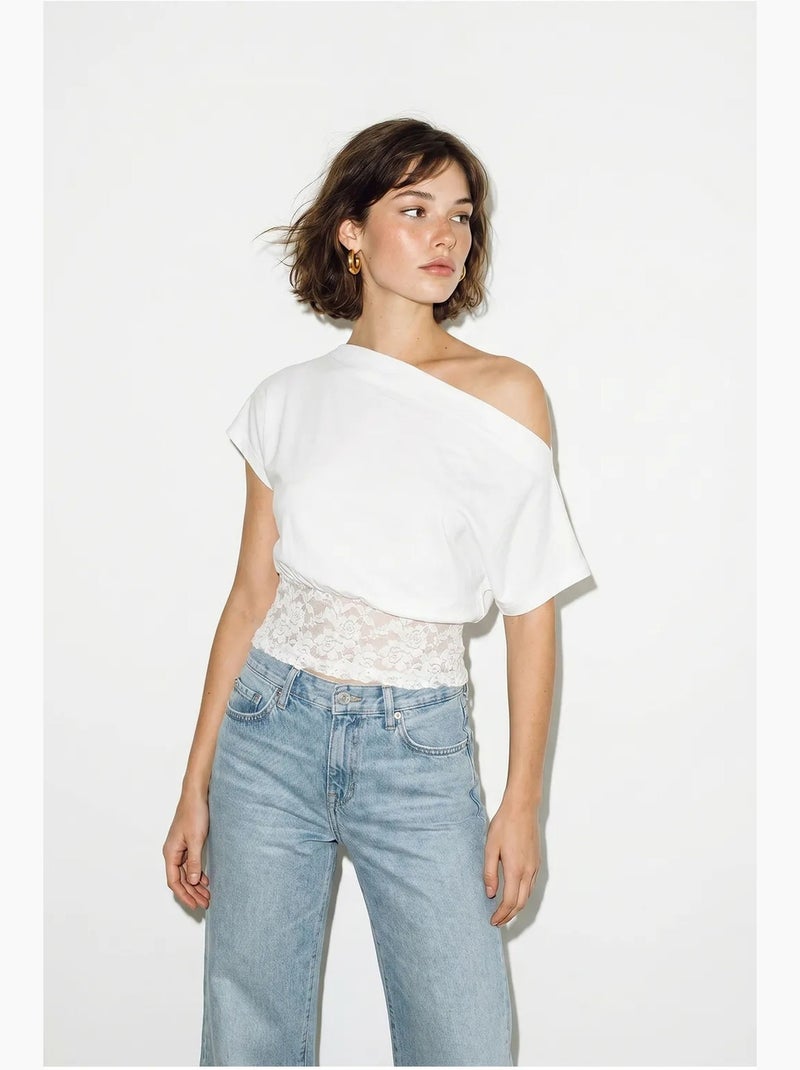 T-shirt court asymétrique dentelle manches courtes lucci Blanc - Kiabi