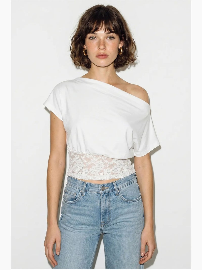 T-shirt court asymétrique dentelle manches courtes lucci Blanc - Kiabi