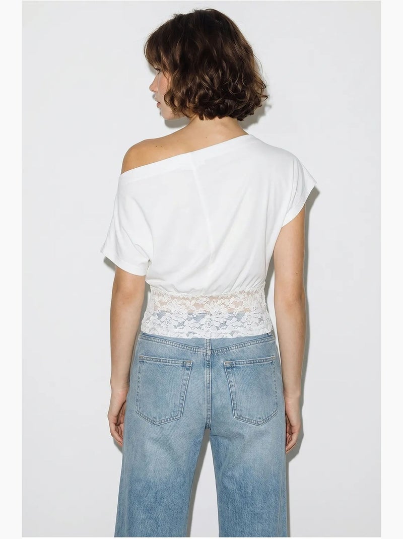T-shirt court asymétrique dentelle manches courtes lucci Blanc - Kiabi