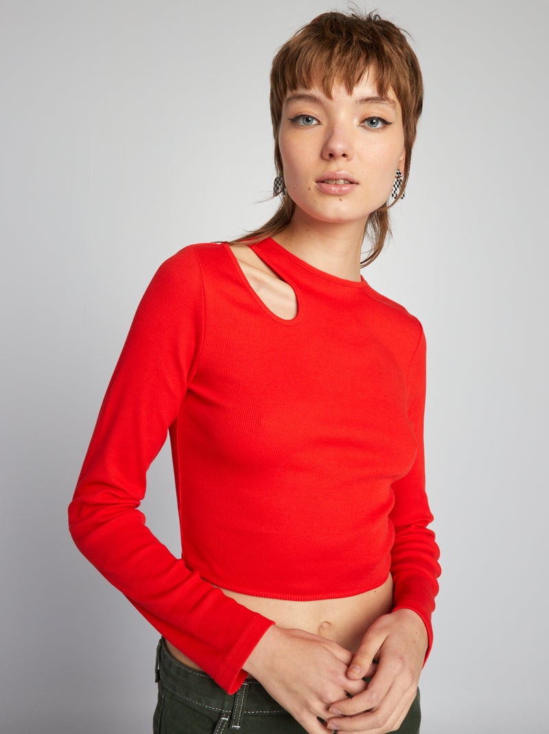 T-shirt court avec ouverture à l'épaule rouge - Kiabi
