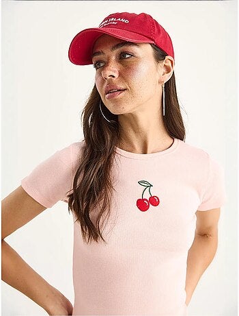T-shirt court basique côtelé brodé cerises bianco lucci