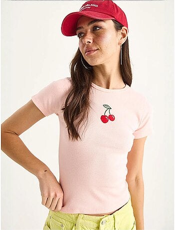 T-shirt court basique côtelé brodé cerises bianco lucci