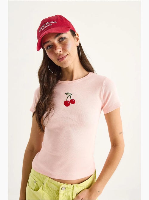 T-shirt court basique côtelé brodé cerises bianco lucci - Kiabi T-shirt court basique côtelé brodé cerises bianco lucci - Kiabi