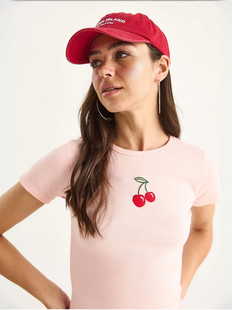 T-shirt court basique côtelé brodé cerises bianco lucci Rose clair - Kiabi