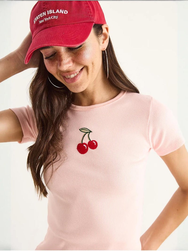 T-shirt court basique côtelé brodé cerises bianco lucci Rose clair - Kiabi