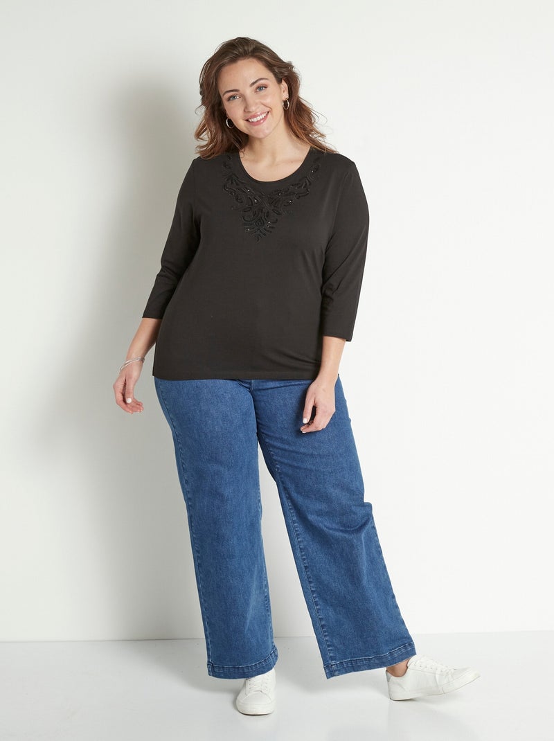 T-shirt court brodé manches 3/4 Noir - Kiabi
