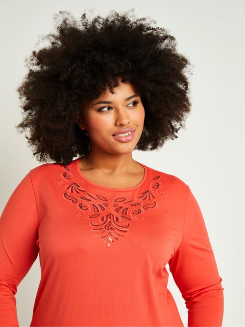 T-shirt court brodé manches 3/4 - Kiabi