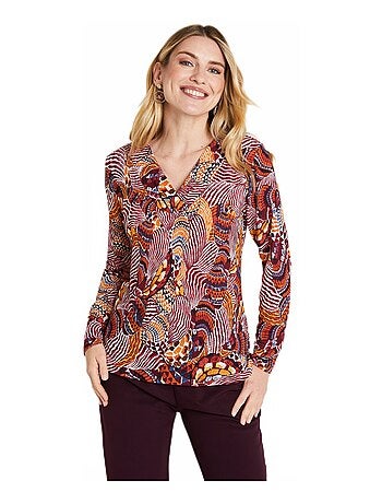 T-shirt court col croisé imprimé patchwork