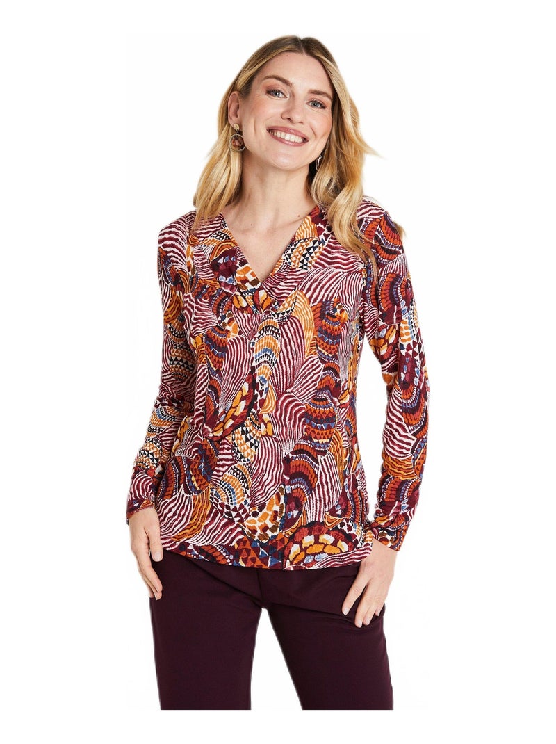 T-shirt court col croisé imprimé patchwork Bordeaux - Kiabi