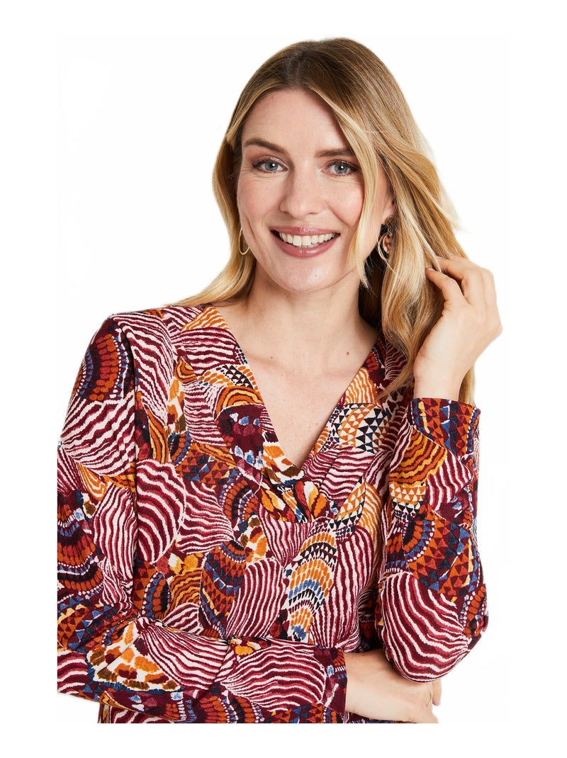 T-shirt court col croisé imprimé patchwork Bordeaux - Kiabi