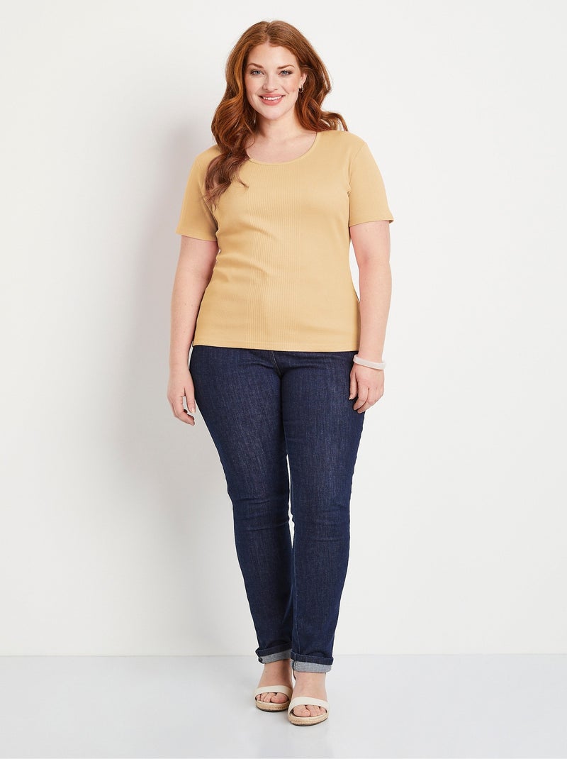 T-shirt court col rond maille côtelée Beige - Kiabi
