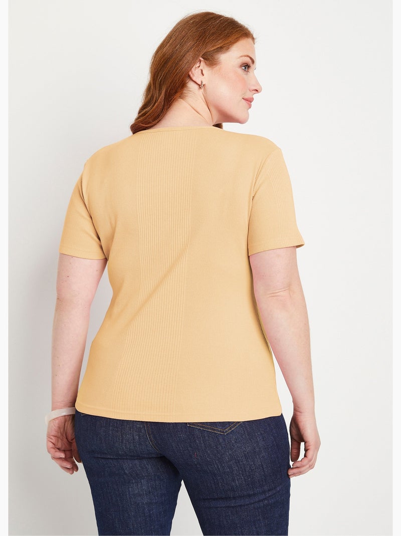 T-shirt court col rond maille côtelée Beige sable - Kiabi