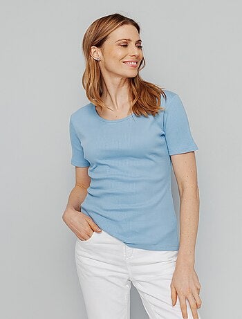 T-shirt court col rond maille côtelée