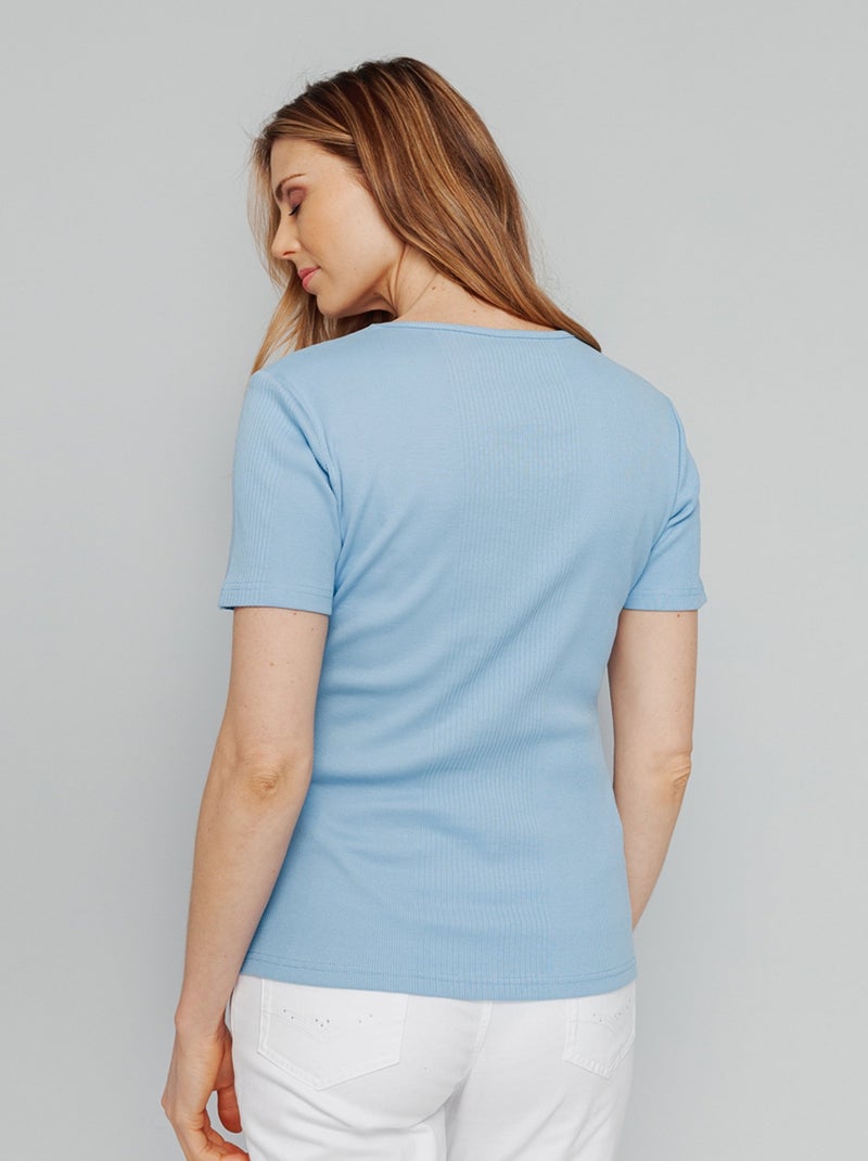 T-shirt court col rond maille côtelée Bleu ciel - Kiabi