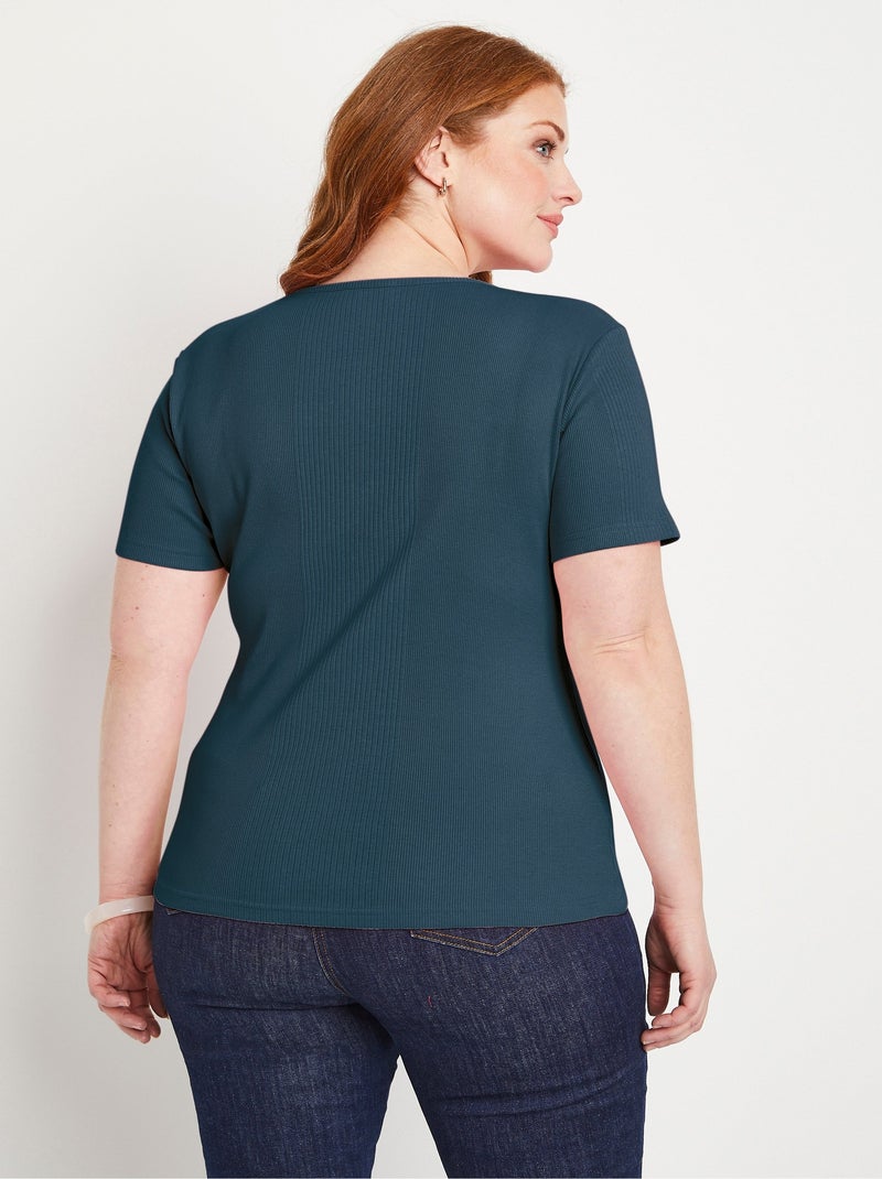 T-shirt court col rond maille côtelée Bleu marine - Kiabi