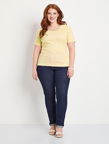 T-shirt court col rond maille côtelée