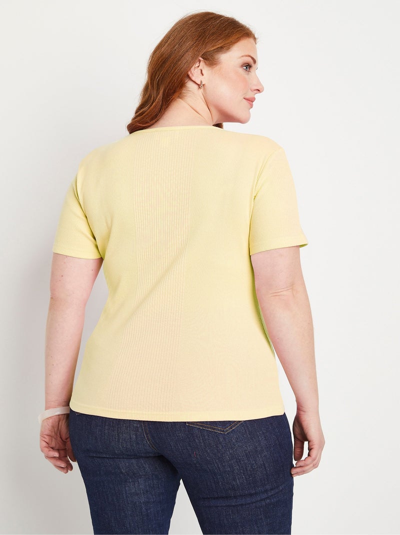 T-shirt court col rond maille côtelée Jaune - Kiabi