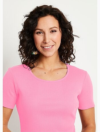 T-shirt court col rond maille côtelée