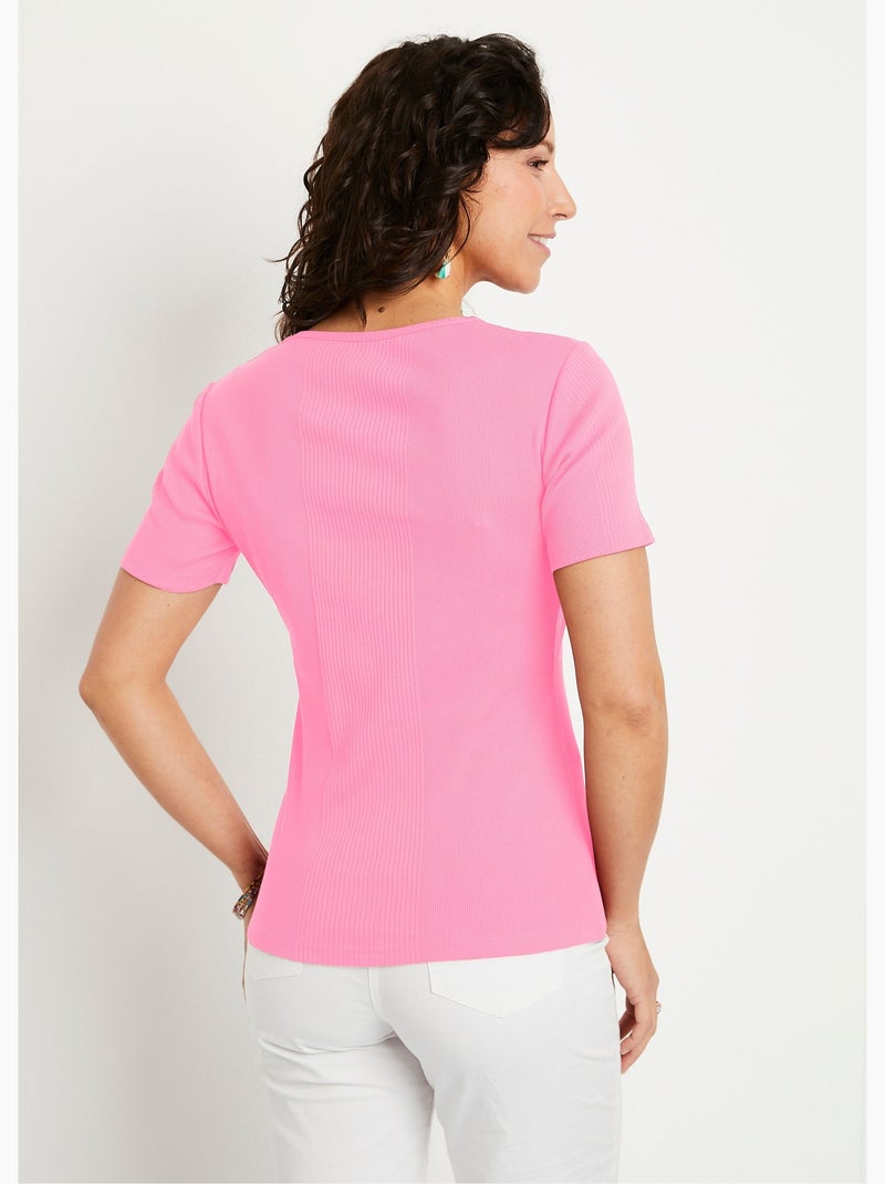 T-shirt court col rond maille côtelée Rose - Kiabi