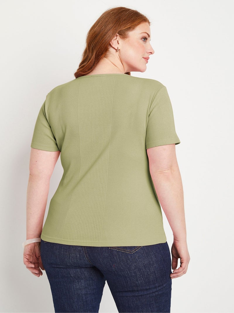T-shirt court col rond maille côtelée Vert - Kiabi