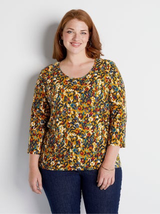 T-shirt court col rond manches 3/4 imprimé