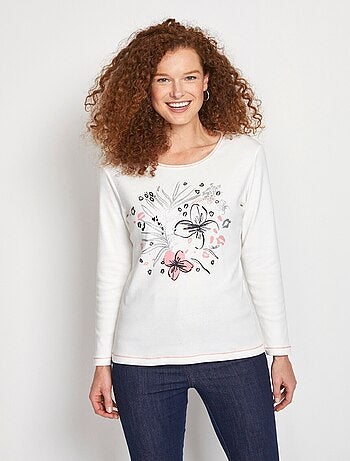 T-shirt court col rond motif brillant